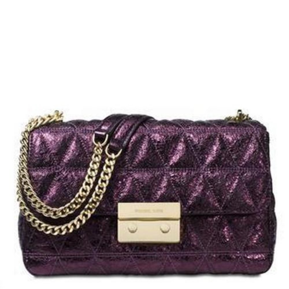NWT Michael Kors Sloan Large Chain Damson Leather Pyramid Quilt Shoulder Bag